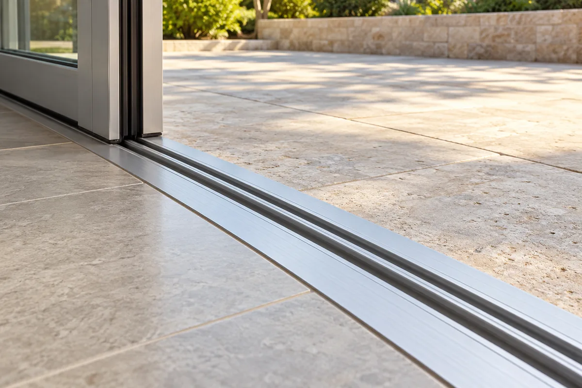 Rail bas extra-plat en aluminium posé devant le seuil d&rsquo;une baie coulissante, terrasse dallée en arrière-plan