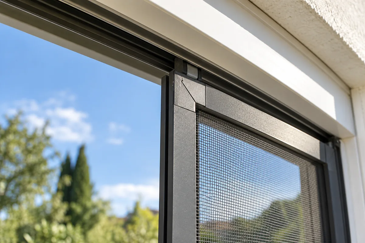 Angle supérieur d&rsquo;un vantail de moustiquaire coulissante en aluminium anthracite engagé dans son rail haut