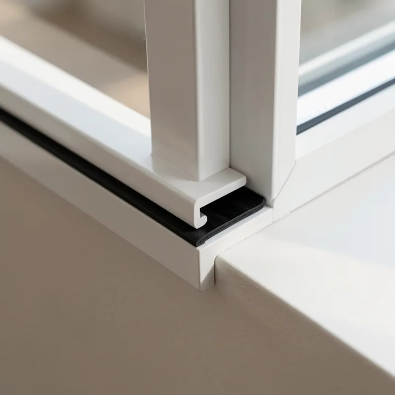 Detail du dormant PVC blanc d une fenetre vu de l interieur avec sa feuillure et son joint d etancheite
