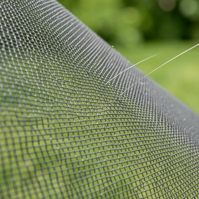 Gros plan sur une toile de moustiquaire en fibre de verre tendue devant une fenetre ouverte