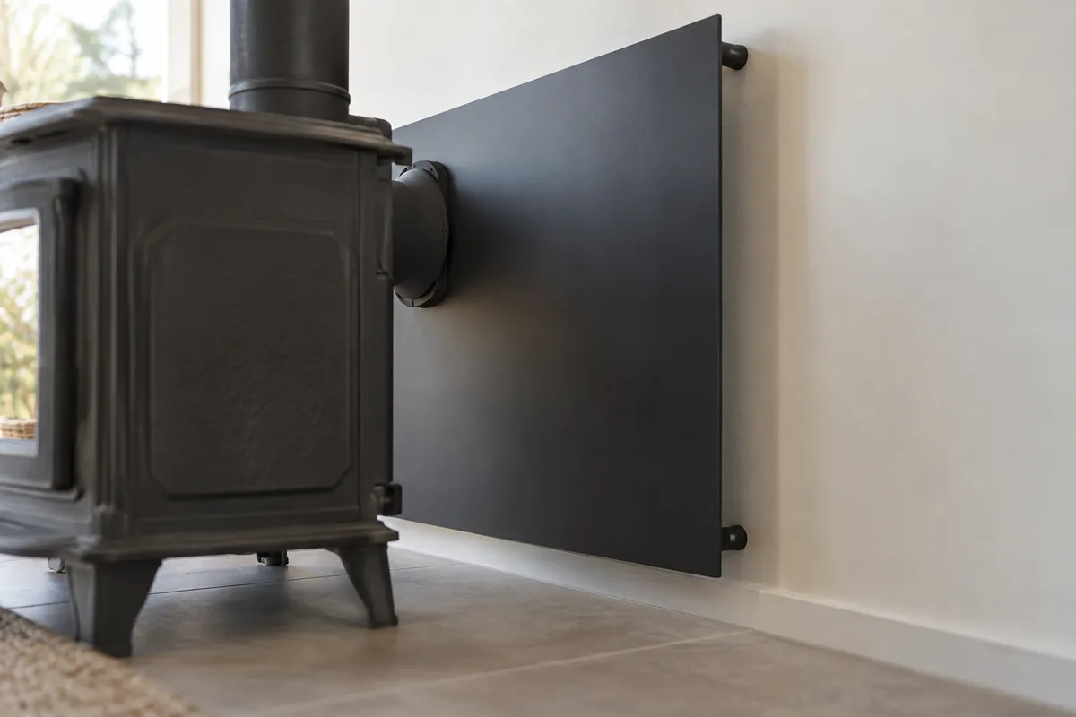 Plaque de protection murale en acier noir fixee avec une lame d air derriere un poele a bois
