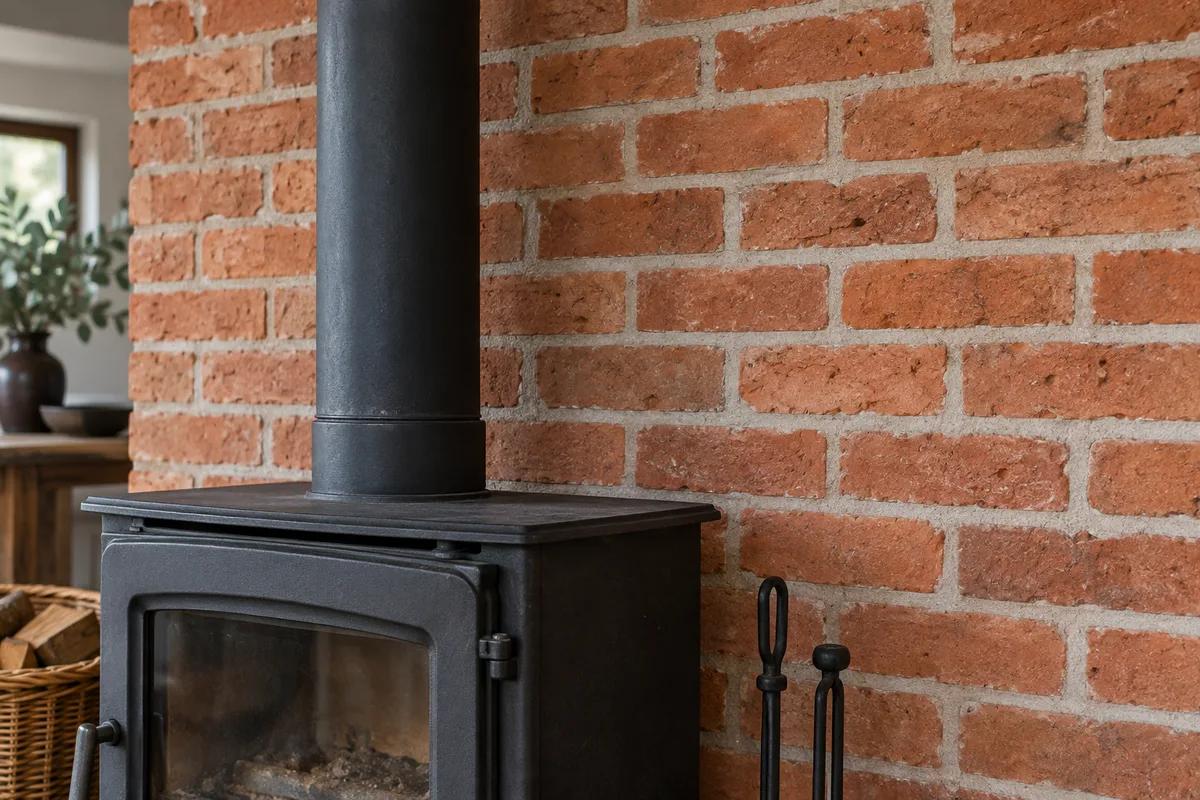 Mur de briquettes de terre cuite rouge derriere un poele eteint avec conduit noir vertical