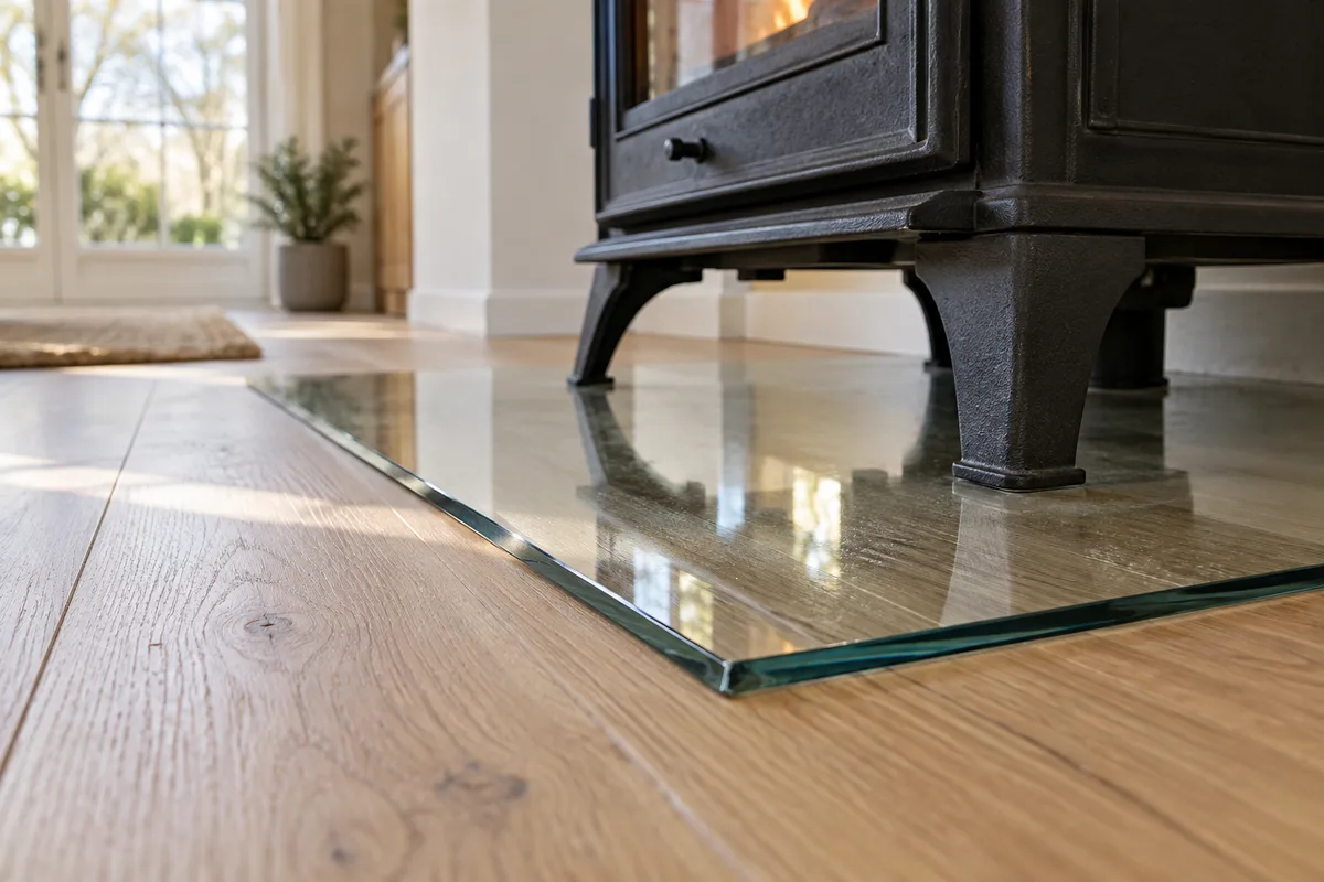 Plaque de sol en verre transparent sous un poele a bois pose sur un parquet en chene