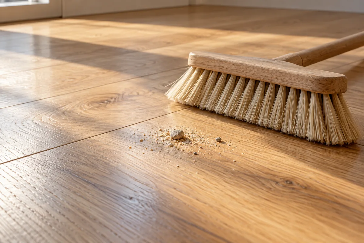 Grains de sable clair et petit gravillon sur une lame de parquet en chêne satiné, près d&rsquo;une brosse à poils souples