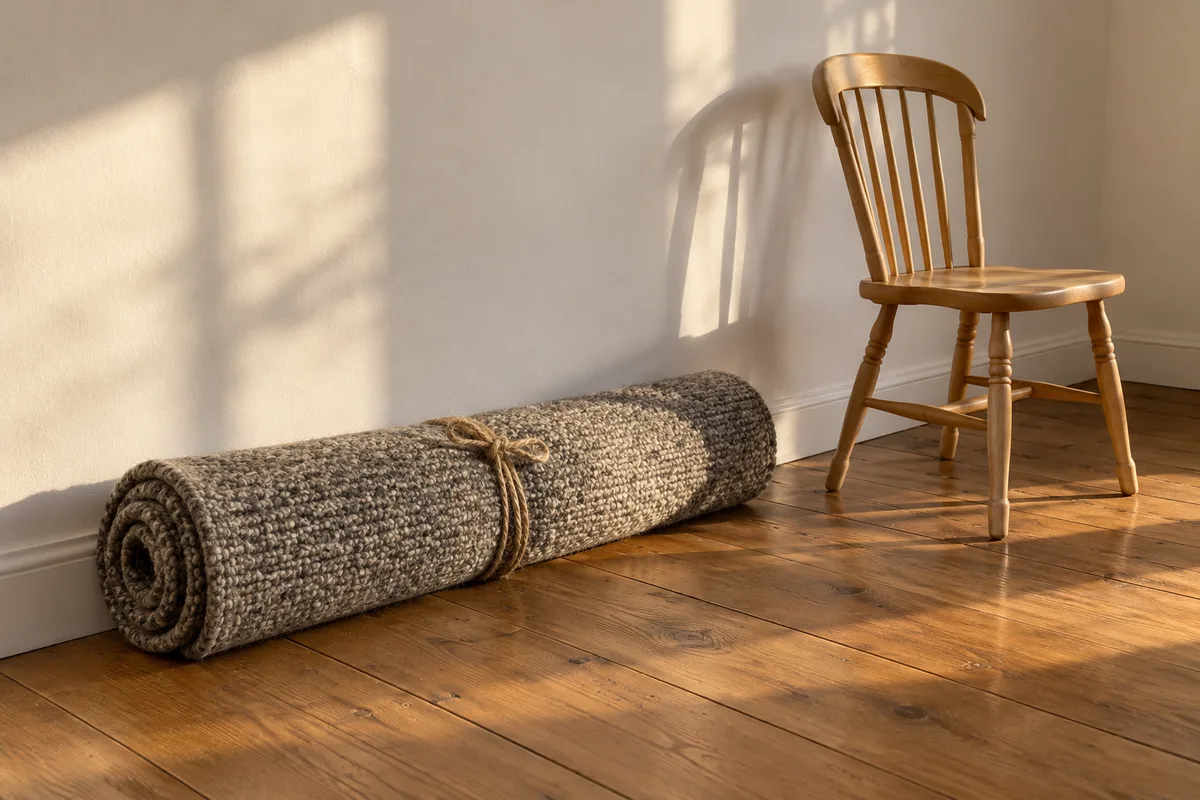 Tapis de laine roulé contre un mur et chaise en hêtre posée sur un parquet massif neuf
