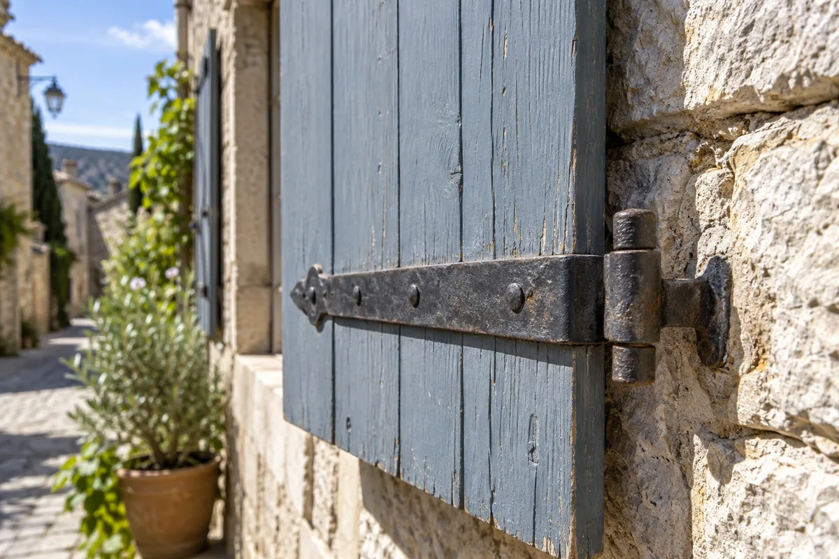 Volet battant en bois ouvert contre un mur en pierre epais avec gond et penture forges