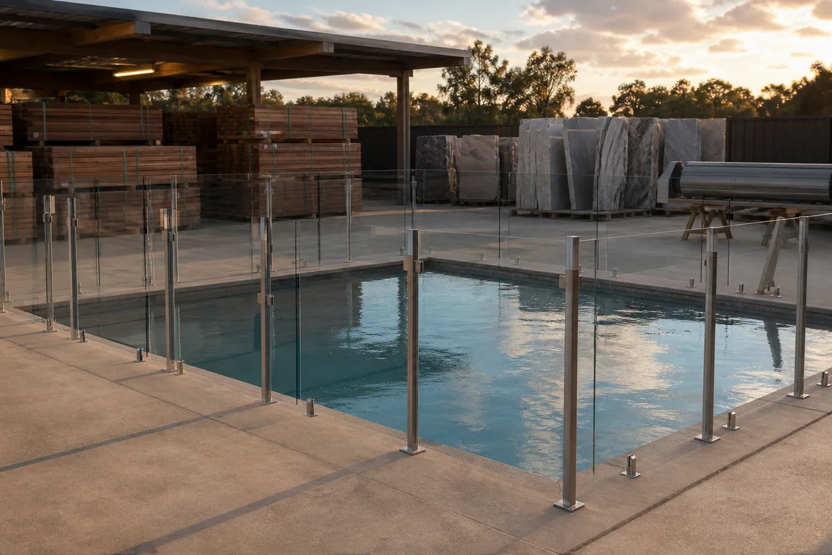 Barriere de piscine transparente en panneaux PMMA installee autour d&rsquo;un bassin exterieur