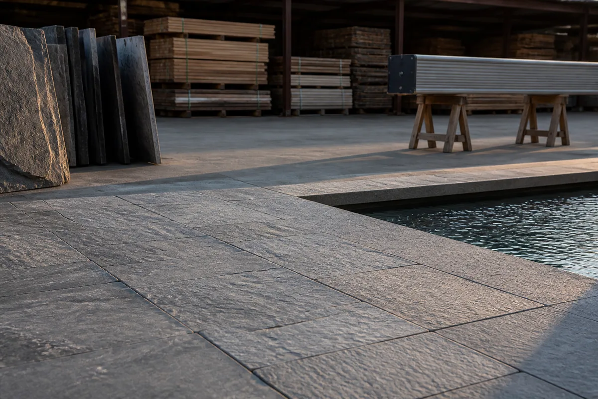 Terrasse exterieure en dalles de quartzite clivee grise autour d&rsquo;un bassin