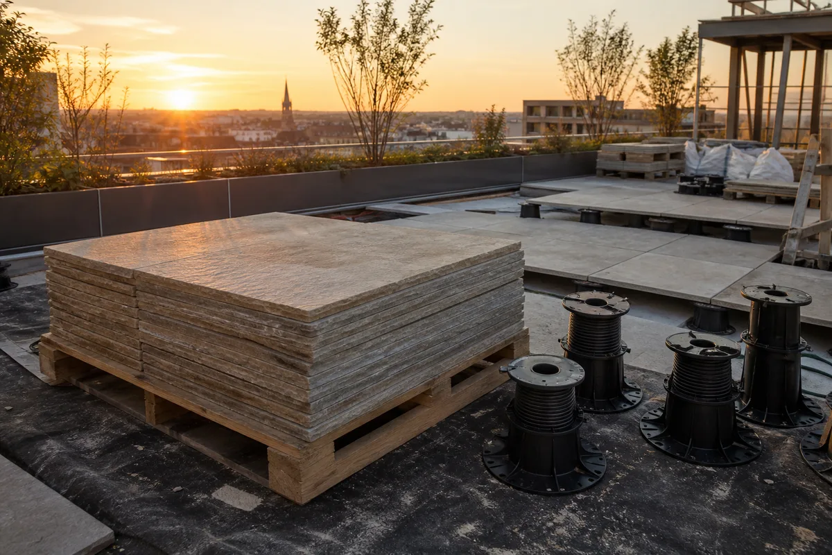 Dalles de quartzite calibrees empilees sur palette avec plots reglables sur un chantier de terrasse