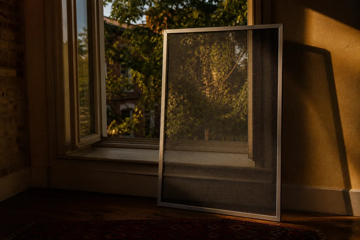 Toile de moustiquaire en fibre de verre tendue sur un cadre aluminium devant une fenetre ouverte