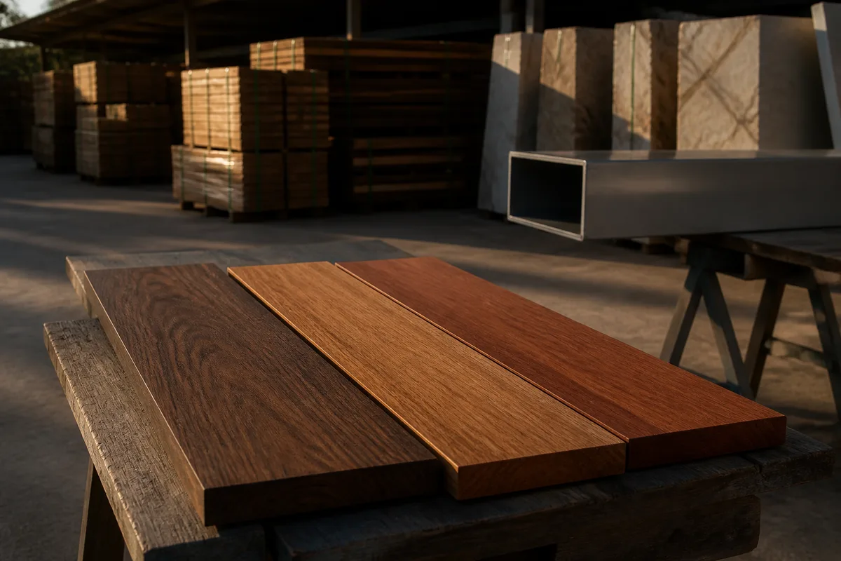 Lames de parquet massif en ipe, cumaru et jatoba posees cote a cote sur un etabli d&rsquo;atelier