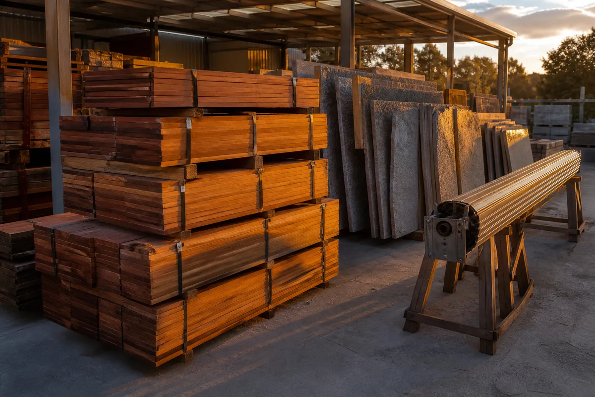 Piles de lames de parquet massif exotique empilees sur lattes dans un sechoir industriel