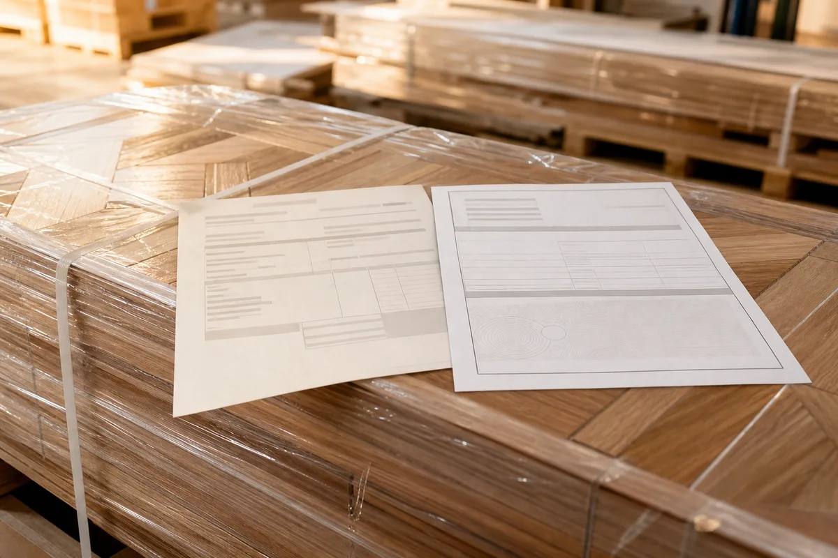 Facture et certificat de chaine de controle poses sur un colis de parquet massif sous film