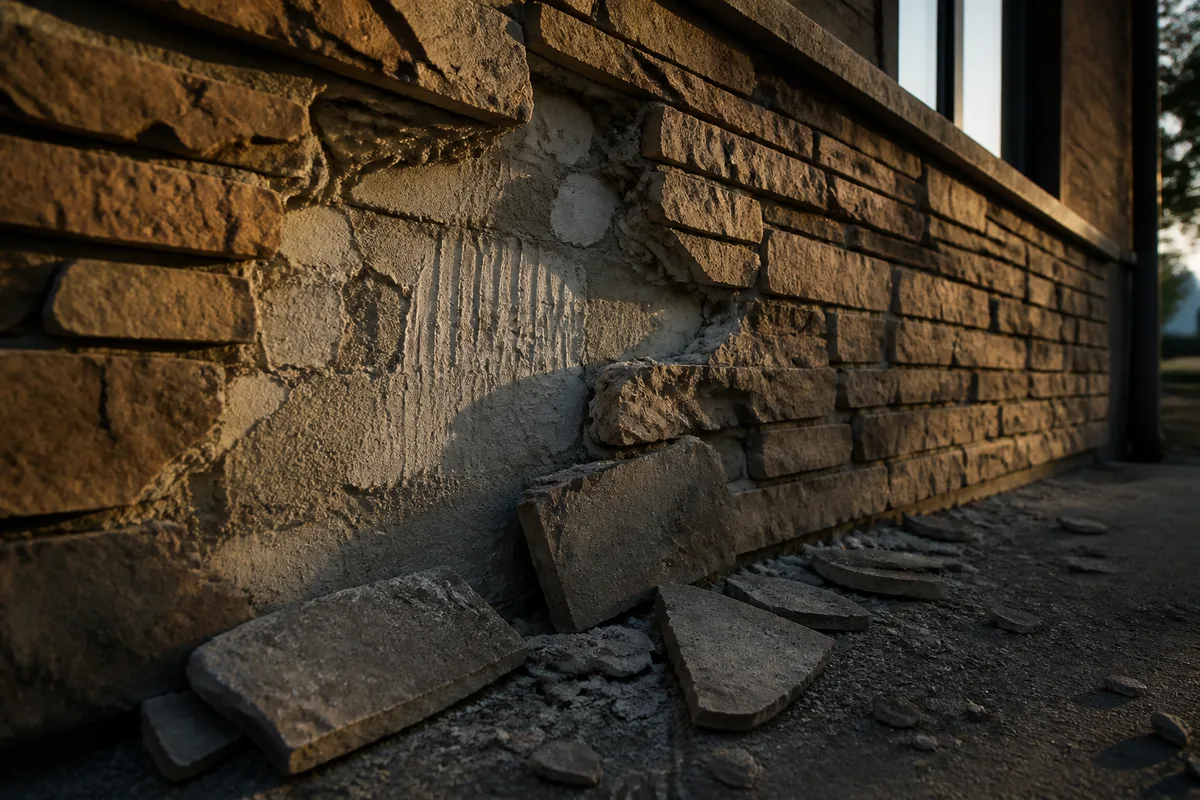 Mur exterieur en pierre de parement avec plaquettes decollees laissant apparaitre le support